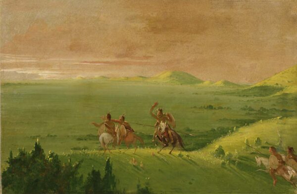 Comanche War Party, Chief Discovering the Enemy and Urging his Men at Sunrise by George Catlin, hand-painted oil painting reproduction