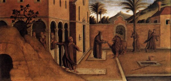 St Jerome Bringing the Lion to the Convent by Lazzaro Bastiani, hand-painted oil painting reproduction