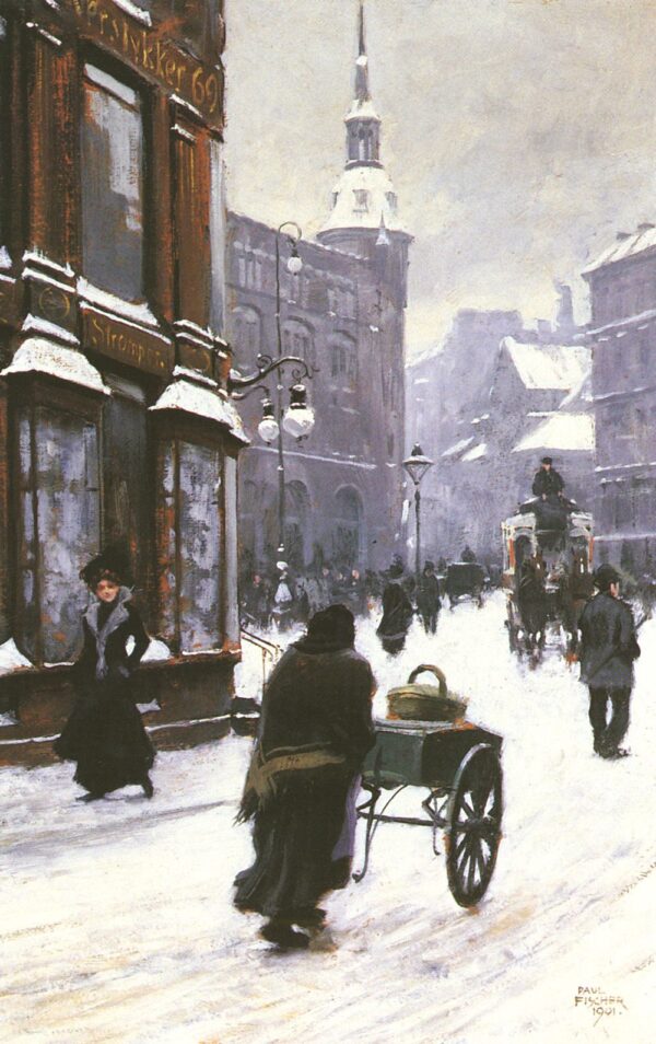 A Street Scene in Winter, Copenhagen by Paul Gustave Fischer, hand-painted oil painting reproduction