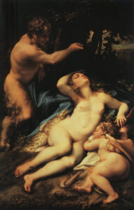 Venus and Cupid with a Satyr by Correggio, hand-painted oil painting reproduction