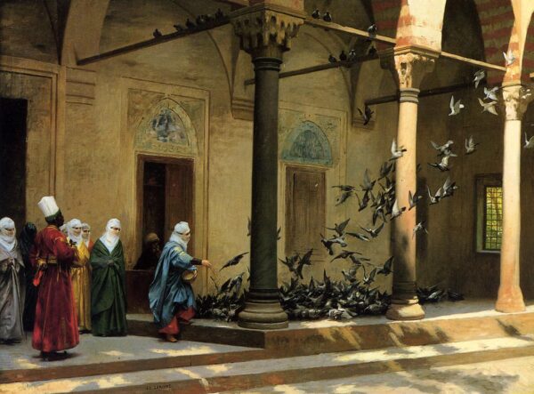 Harem Women Feeding Pigeons in a Courtyard by Jean-Léon Gérôme, hand-painted oil painting reproduction