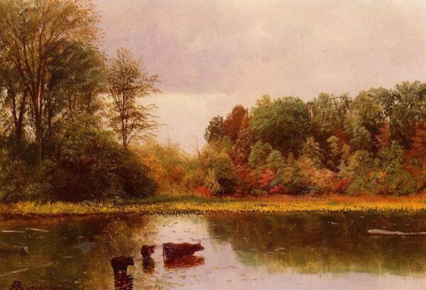Cows Watering in a Landscape by Albert Bierstadt, hand-painted oil painting reproduction