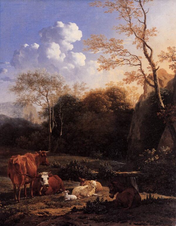 Cows and Sheep at a Stream by Karel Dujardin, hand-painted oil painting reproduction