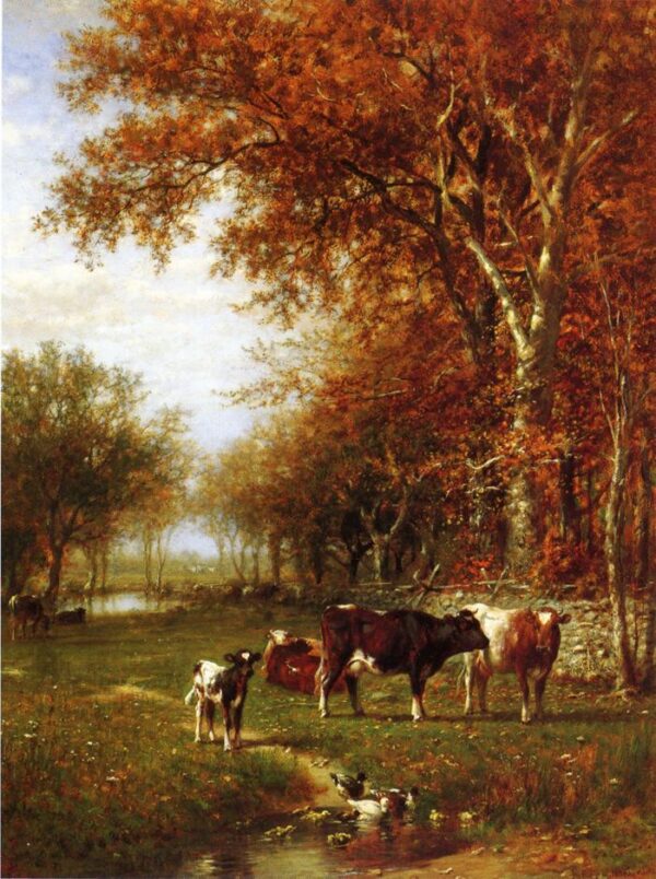 Cows before a Watering Hole by James McDougal Hart, hand-painted oil painting reproduction