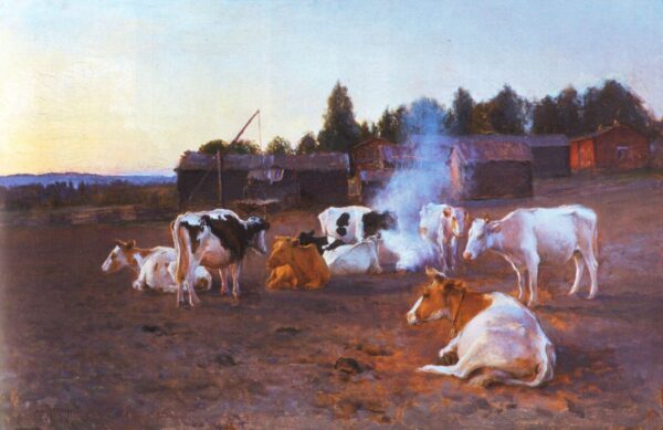 Cows in Turf Smoke by Eero Järnefelt, hand-painted oil painting reproduction