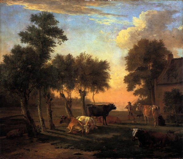 Cows in a Meadow by a Farm by Paulus Potter, hand-painted oil painting reproduction