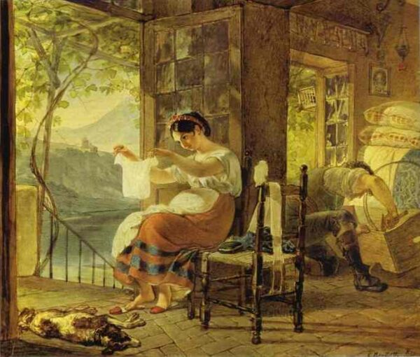 Italian Woman Heavy with a Child Examining a Shirt and Her Husband Making a Cradle by Karl Briullov, hand-painted oil painting reproduction