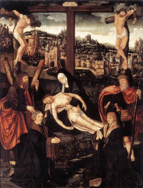Crucifixion with Donors and Saints by Jacob Cornelisz van Oostsanen, hand-painted oil painting reproduction