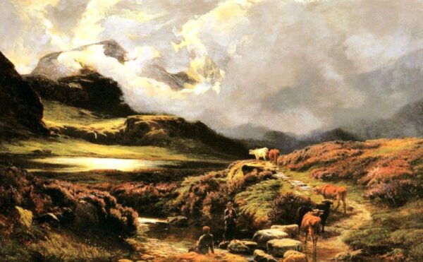 Cattle and Drovers on a Path, Styhead Pass, Cumberland by Sidney Richard Percy, hand-painted oil painting reproduction