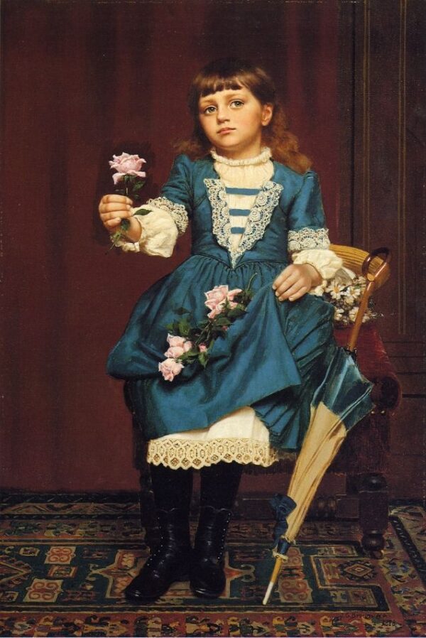 Daisy McComb Holding a Pink Rose by John G Brown, hand-painted oil painting reproduction