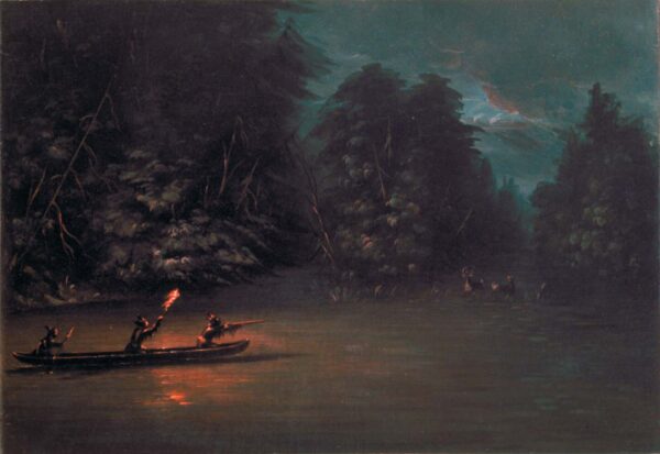 Deer Hunting by Torchlight in Bark Canoes by George Catlin, hand-painted oil painting reproduction