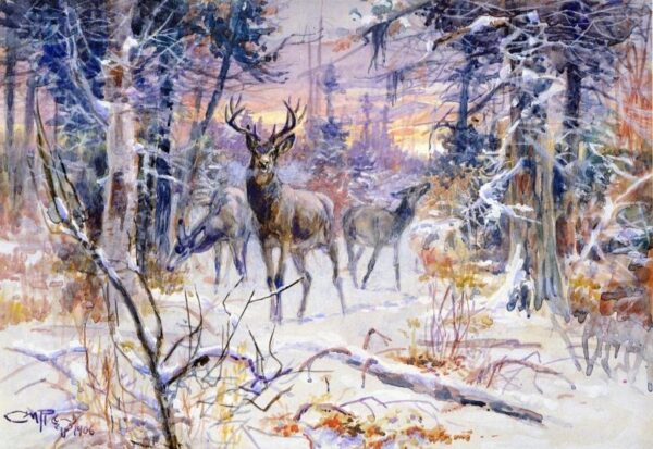 Deer in a Snowy Forest by Charles Marion Russell, hand-painted oil painting reproduction