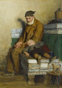 Der alte Feissli mit Kind auf Ofenbank by Albert Anker, hand-painted oil painting reproduction