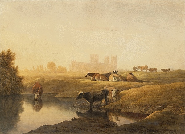 Cattle in Water Meadows with York Minster in the Distance by John Glover, hand-painted oil reproduction