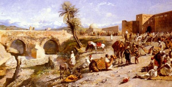 The Arrival Of A Caravan Outside Marakesh, The Mountains Of Atlas In The Distance by Edwin Lord Weeks, hand-painted oil painting reproduction