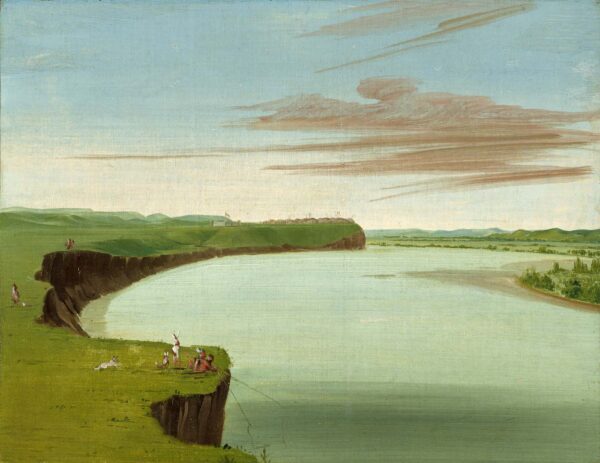 Distant View of the Mandan Village by George Catlin, hand-painted oil reproduction