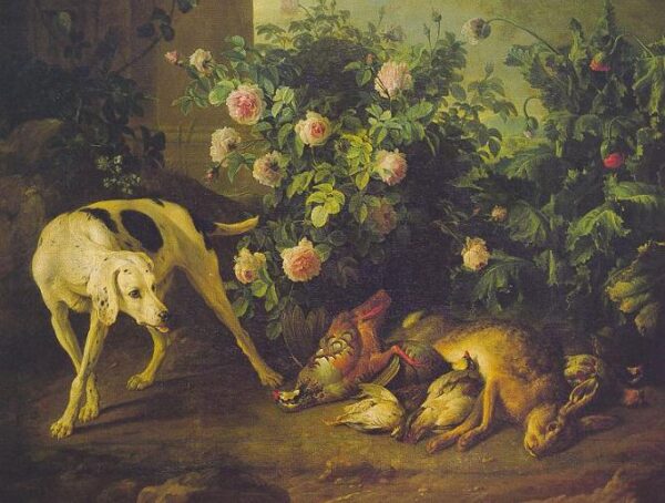 Dog Guarding Game Near A Rosebush by Alexandre Francois Desportes, hand-painted oil painting reproduction