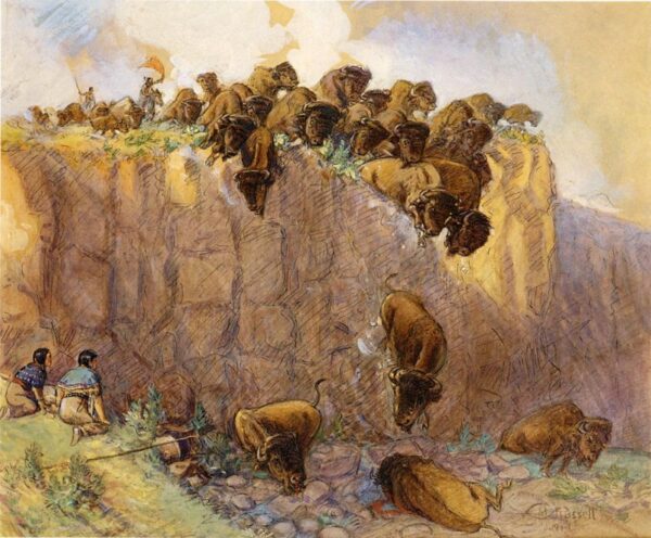 Driving Buffalo Over the Cliff by Charles Marion Russell, hand-painted oil painting reproduction