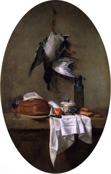Duck Hanging by one Leg Pate Bowl and Jar of Olives by Jean-Baptiste-Siméon Chardin, hand-painted oil reproduction
