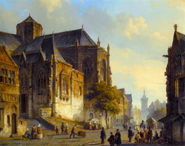 Figures on a Market Square in a Dutch Town by Cornelis Springer, hand-painted oil painting reproduction