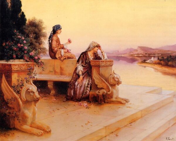 Elegant Arab Ladies on a Terrace at Sunset by Rudolf Ernst, hand-painted oil painting reproduction