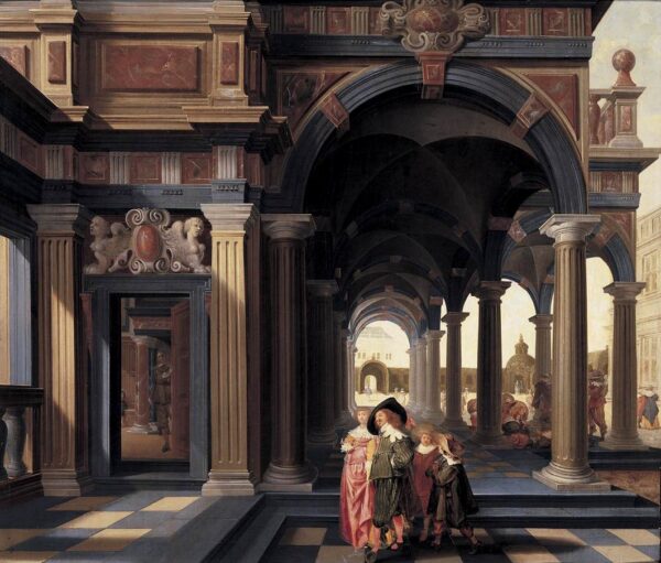 Elegant Figures in a Loggia by Dirck van Delen, hand-painted oil painting reproduction