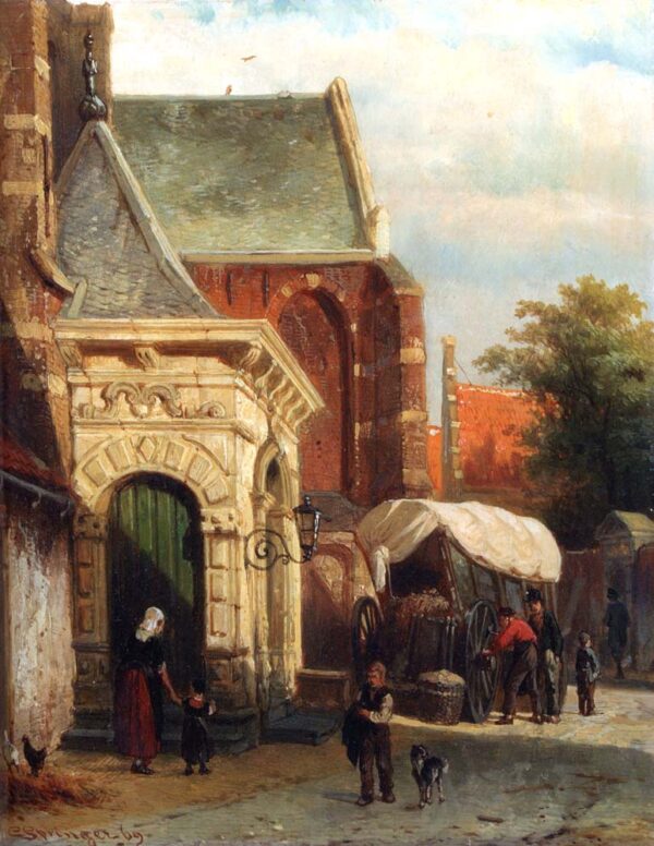 A View of the South Entrance of the St. Pancras Church, Enkhuizen by Cornelis Springer, hand-painted oil painting reproduction