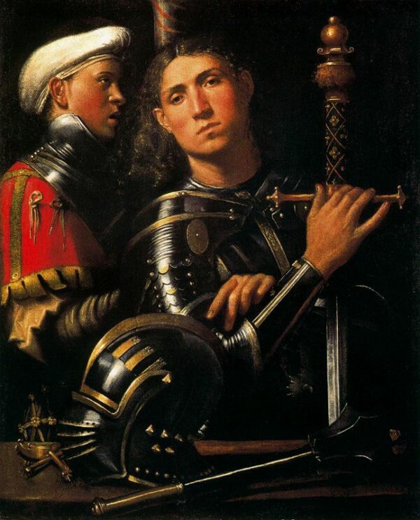 Portrait of Warrior with His Equerry by Giorgione, hand-painted oil painting reproduction