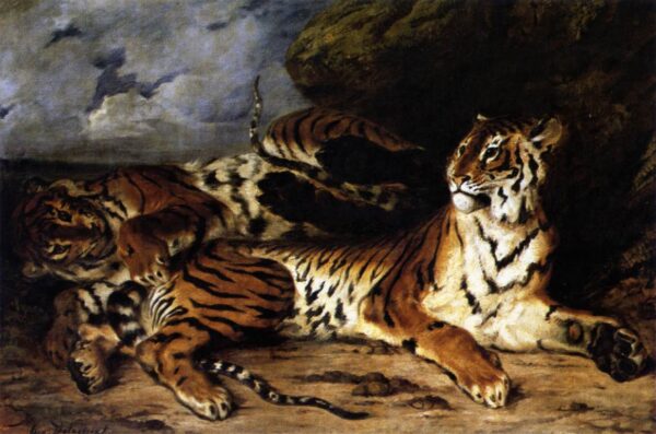 A Young Tiger Playing with its Mother by Eugène Delacroix, hand-painted oil painting reproduction