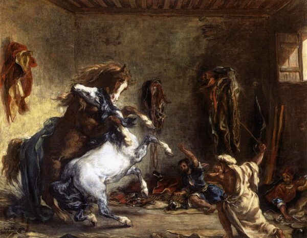Arab Horses Fighting in a Stable by Eugène Delacroix, hand-painted oil painting reproduction