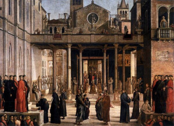 The Relic of the Holy Cross is offered to the Scuola Grande di San Giovanni Evangelista by Lazzaro Bastiani, hand-painted oil painting reproduction