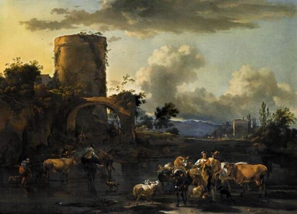 Evening Landscape by Nicolaes Berchem, hand-painted oil painting reproduction