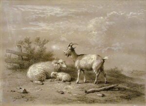 Ewe and Lamb with Goat by Eugène Verboeckhoven, hand-painted oil painting reproduction