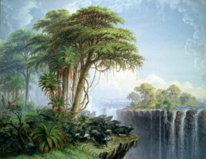 Buffalos Driven to the Edge of the Chasm opposite Garden Island Victoria Falls by Thomas Baines, hand-painted oil painting reproduction