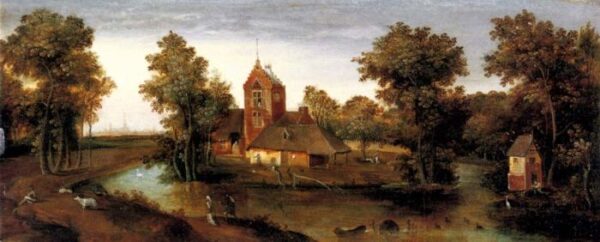 A Moated Tower With Farmhouses by Abel Grimmer, hand-painted oil painting reproduction