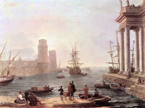 Port Scene with the Departure of Ulysses from the Land of the Feaci by Claude Lorrain, hand-painted oil painting reproduction