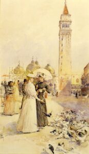 Feeding Pigeons in the Piazza by Frederick Childe Hassam, hand-painted oil painting reproduction