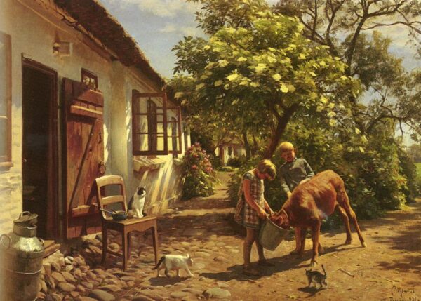 Feeding the Calf by Peder Mørk Mønsted, hand-painted oil painting reproduction