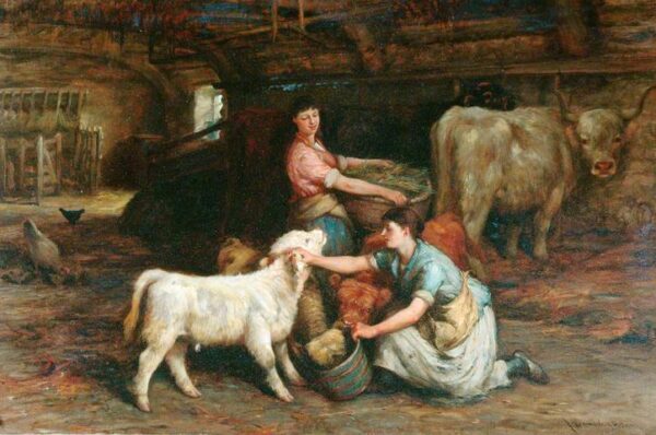 Feeding the Calves by Joseph Denovan Adam, hand-painted oil painting reproduction