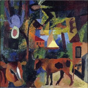 Landscape With Cows, Sailing Boat, And Figures by August Macke, hand-painted oil painting reproduction