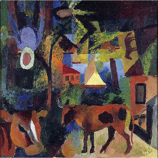 Landscape With Cows, Sailing Boat, And Figures by August Macke, hand-painted oil reproduction