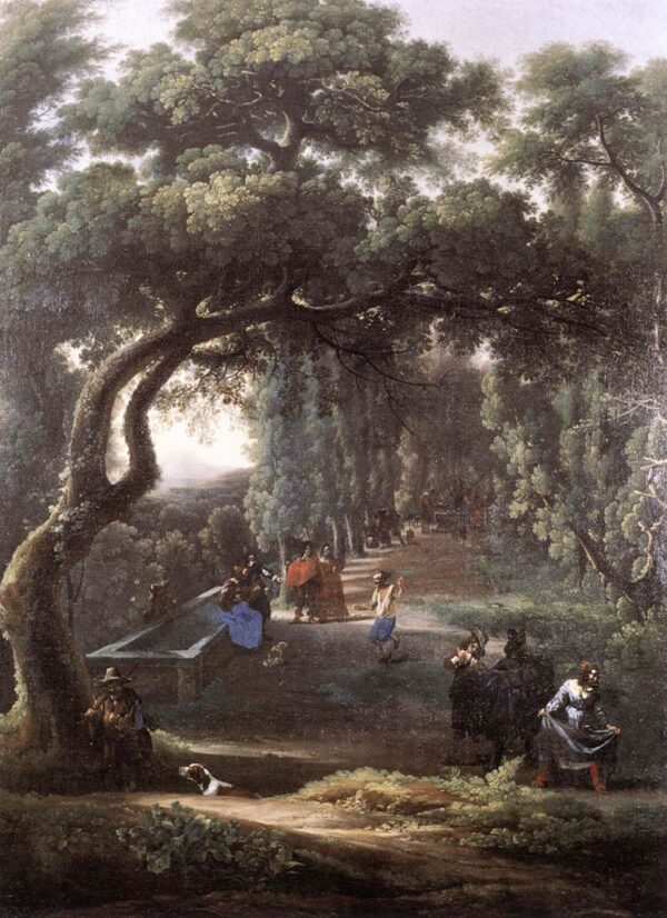 Figures in a Tree lined Avenue by Michelangelo Cerquozzi, hand-painted oil painting reproduction