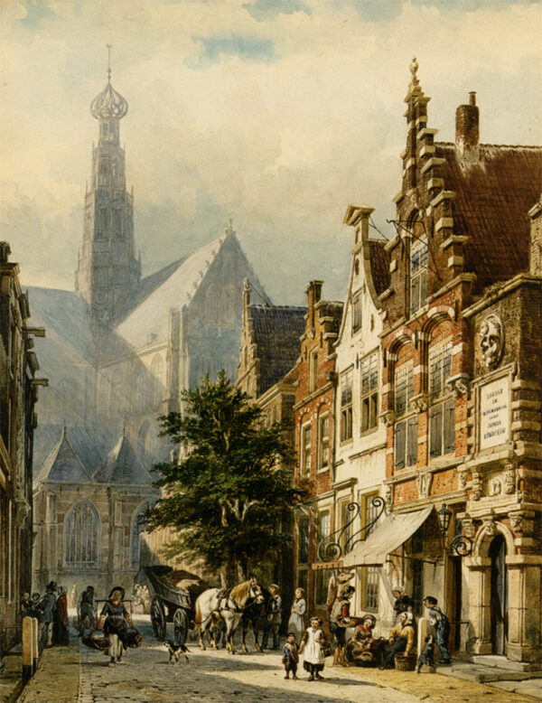 Figures in the Streets of Haarlem by Cornelis Springer, hand-painted oil painting reproduction