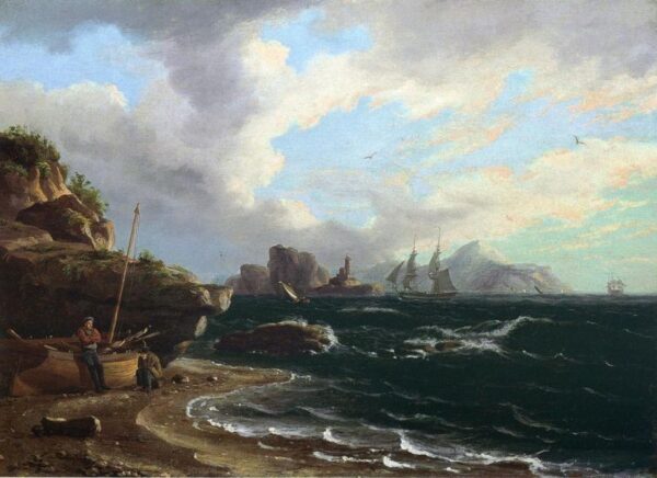 Figures with Docked Boat at Shoreline by Thomas Birch, hand-painted oil painting reproduction