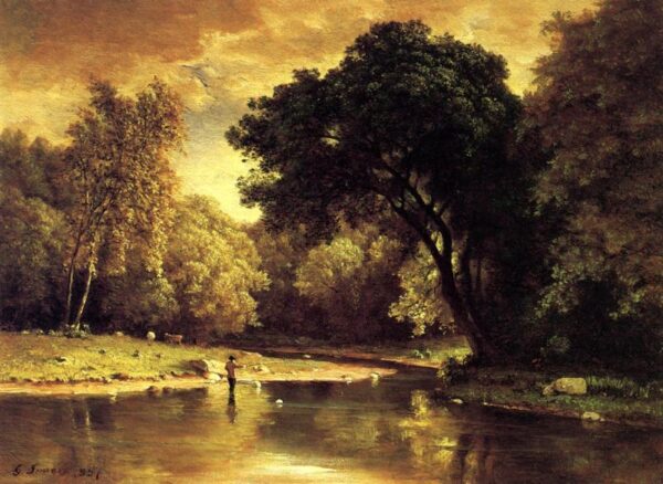 Fisherman in a Stream by George Inness, hand-painted oil painting reproduction