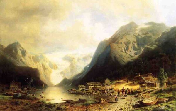 Fishermans Village on an Alpine Lake by Hermann Ottomar Herzog, hand-painted oil painting reproduction