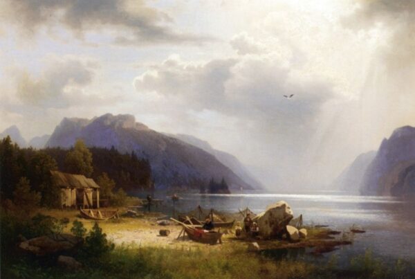 Fishing in an Alpine Lake by Hermann Ottomar Herzog, hand-painted oil painting reproduction
