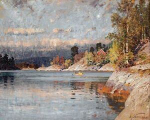 Fjord Landscape with Rowboat by Adelsteen Normann, hand-painted oil painting reproduction