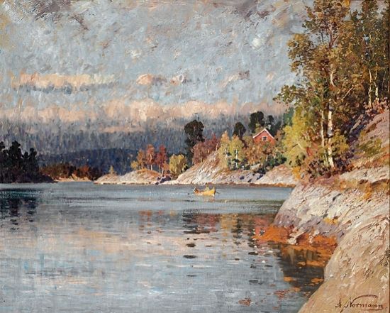 Fjord Landscape with Rowboat by Adelsteen Normann, hand-painted oil reproduction