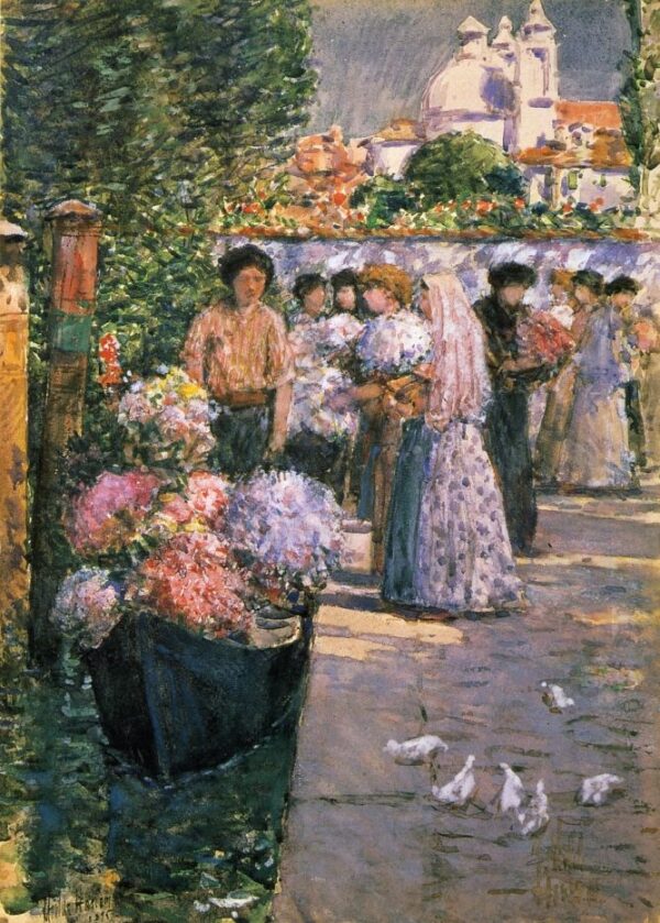 Flower Market by Frederick Childe Hassam, hand-painted oil reproduction
